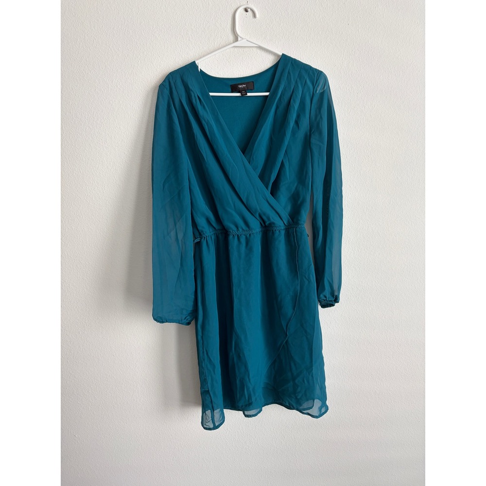 Mossimo Teal Blue Long Sleeve Wrap V-Neck Chiffon Mini Dress Medium